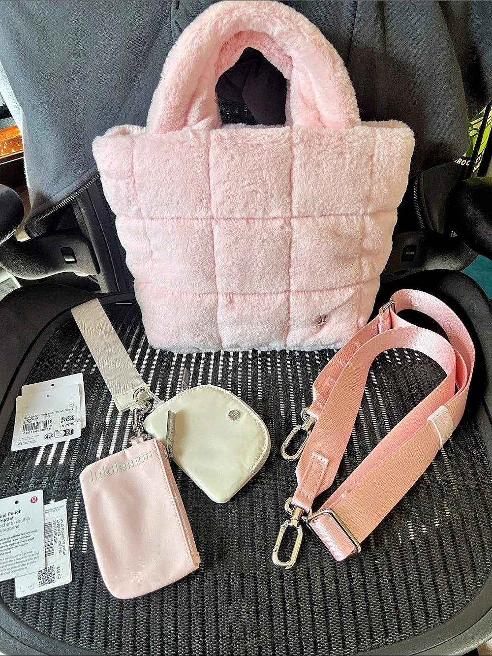 lululemon Quilted Grid Tote Bag Mini Plush Fleece Pink + Dual Pouch Wristlet NEW